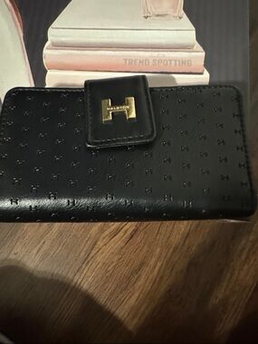 Halston Black Leather Wallet with Gold Logo